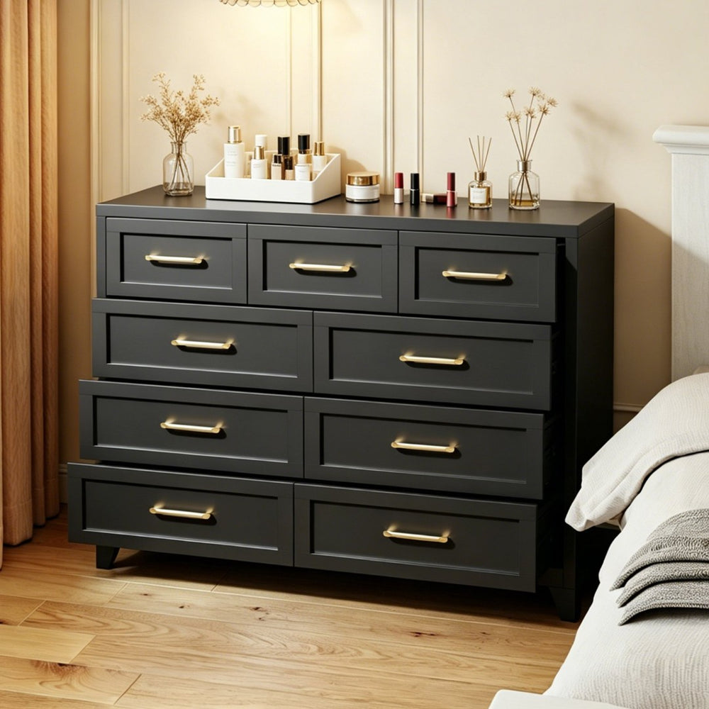 English Elm 9-Drawer Steel Chest Matte Black Finish Vertical Storage for Bedroom or Entryway T2398P507506