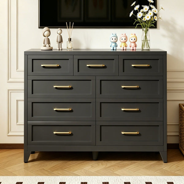 English Elm 9-Drawer Steel Chest Matte Black Finish Vertical Storage for Bedroom or Entryway T2398P507506