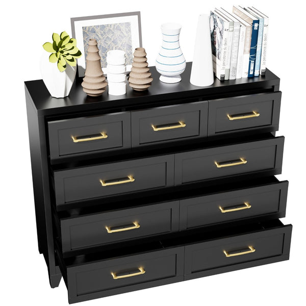 English Elm 9-Drawer Steel Chest Matte Black Finish Vertical Storage for Bedroom or Entryway T2398P507506