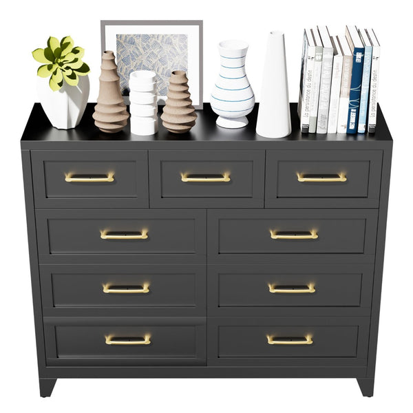 English Elm 9-Drawer Steel Chest Matte Black Finish Vertical Storage for Bedroom or Entryway T2398P507506
