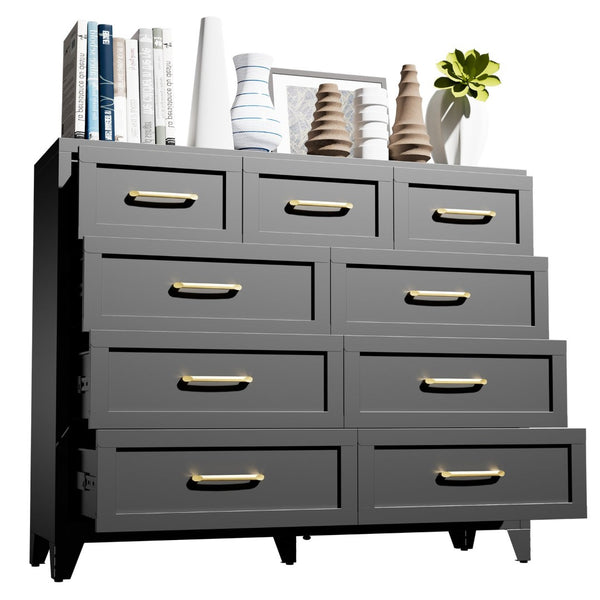 English Elm 9-Drawer Steel Chest Matte Black Finish Vertical Storage for Bedroom or Entryway T2398P507506