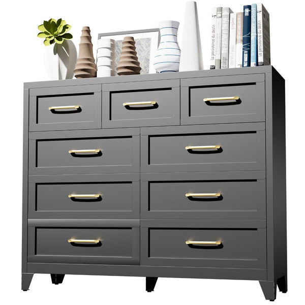 English Elm 9-Drawer Steel Chest Matte Black Finish Vertical Storage for Bedroom or Entryway T2398P507506