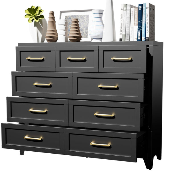 English Elm 9-Drawer Steel Chest Matte Black Finish Vertical Storage for Bedroom or Entryway T2398P507506