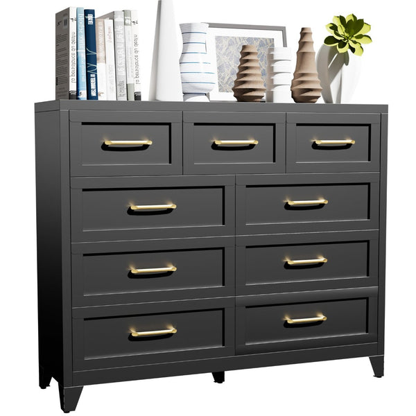 English Elm 9-Drawer Steel Chest Matte Black Finish Vertical Storage for Bedroom or Entryway T2398P507506