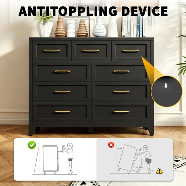 English Elm 9-Drawer Steel Chest Matte Black Finish Vertical Storage for Bedroom or Entryway T2398P507506