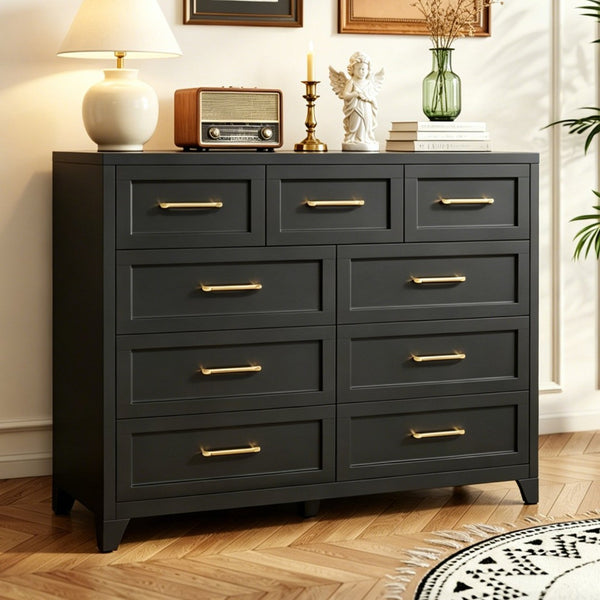 English Elm 9-Drawer Steel Chest Matte Black Finish Vertical Storage for Bedroom or Entryway T2398P507506