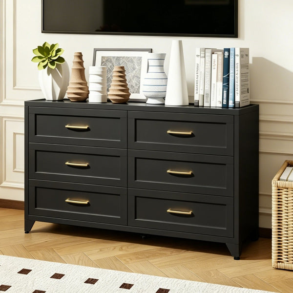 English Elm 6 Drawer Low Profile Steel Dresser Powder Coated Chest for Bedroom or Entryway T2398P507507