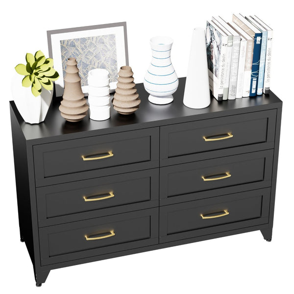 English Elm 6 Drawer Low Profile Steel Dresser Powder Coated Chest for Bedroom or Entryway T2398P507507
