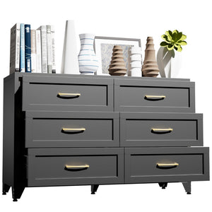 English Elm 6 Drawer Low Profile Steel Dresser Powder Coated Chest for Bedroom or Entryway T2398P507507