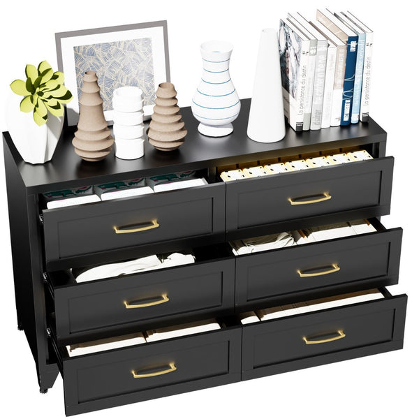 English Elm 6 Drawer Low Profile Steel Dresser Powder Coated Chest for Bedroom or Entryway T2398P507507