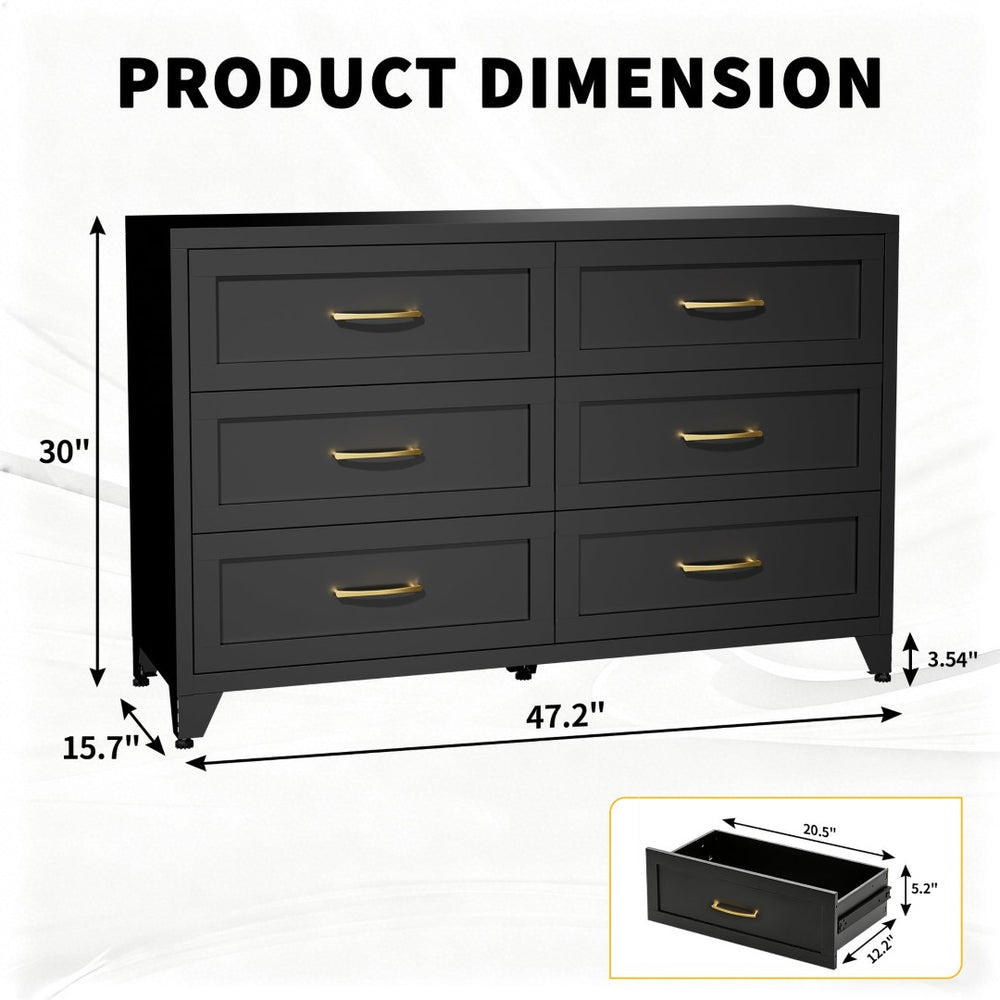 English Elm 6 Drawer Low Profile Steel Dresser Powder Coated Chest for Bedroom or Entryway T2398P507507