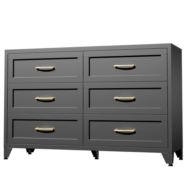 English Elm 6 Drawer Low Profile Steel Dresser Powder Coated Chest for Bedroom or Entryway T2398P507507