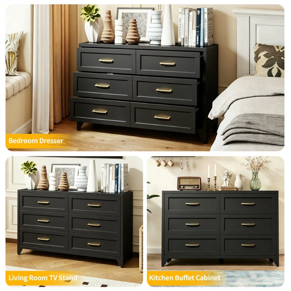 English Elm 6 Drawer Low Profile Steel Dresser Powder Coated Chest for Bedroom or Entryway T2398P507507