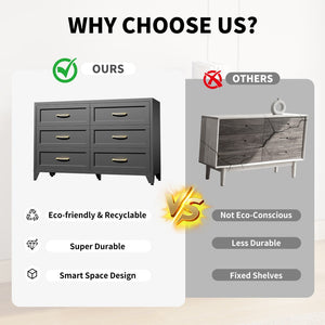 English Elm 6 Drawer Low Profile Steel Dresser Powder Coated Chest for Bedroom or Entryway T2398P507507