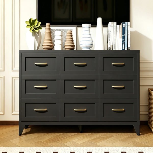 English Elm 9 Drawer Steel Dresser Low Profile Powder Coated Matte Black Bedroom Hallway Storage T2398P507508