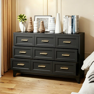 English Elm 9 Drawer Steel Dresser Low Profile Powder Coated Matte Black Bedroom Hallway Storage T2398P507508