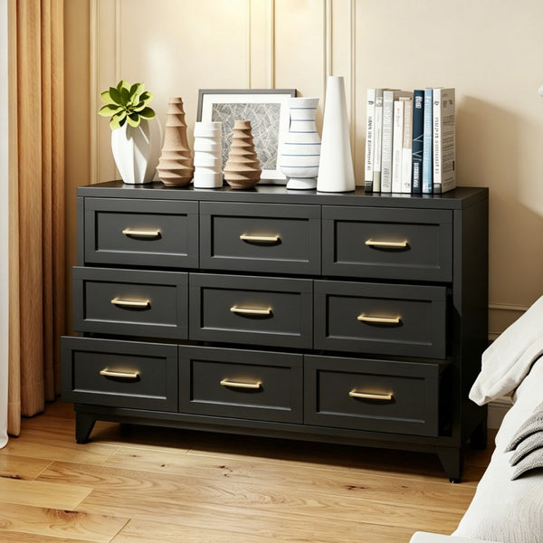 English Elm 9 Drawer Steel Dresser Low Profile Powder Coated Matte Black Bedroom Hallway Storage T2398P507508
