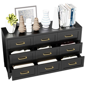 English Elm 9 Drawer Steel Dresser Low Profile Powder Coated Matte Black Bedroom Hallway Storage T2398P507508