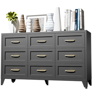 English Elm 9 Drawer Steel Dresser Low Profile Powder Coated Matte Black Bedroom Hallway Storage T2398P507508