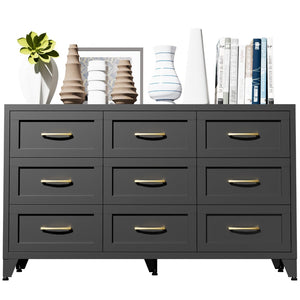 English Elm 9 Drawer Steel Dresser Low Profile Powder Coated Matte Black Bedroom Hallway Storage T2398P507508