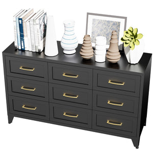 English Elm 9 Drawer Steel Dresser Low Profile Powder Coated Matte Black Bedroom Hallway Storage T2398P507508