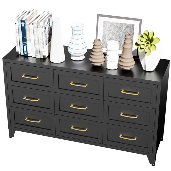 English Elm 9 Drawer Steel Dresser Low Profile Powder Coated Matte Black Bedroom Hallway Storage T2398P507508