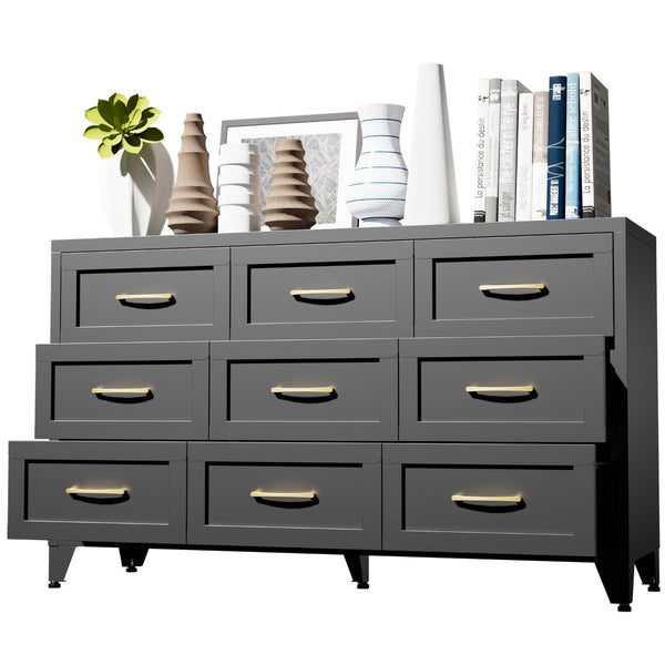 English Elm 9 Drawer Steel Dresser Low Profile Powder Coated Matte Black Bedroom Hallway Storage T2398P507508