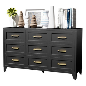 English Elm 9 Drawer Steel Dresser Low Profile Powder Coated Matte Black Bedroom Hallway Storage T2398P507508