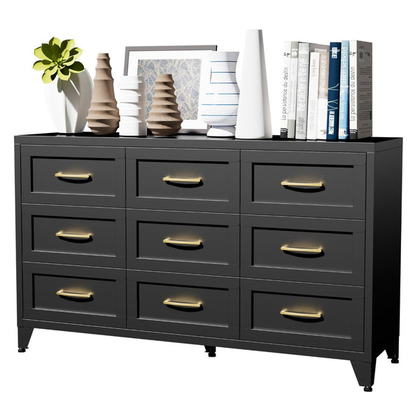 English Elm 9 Drawer Steel Dresser Low Profile Powder Coated Matte Black Bedroom Hallway Storage T2398P507508