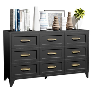 English Elm 9 Drawer Steel Dresser Low Profile Powder Coated Matte Black Bedroom Hallway Storage T2398P507508