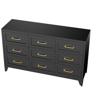 English Elm 9 Drawer Steel Dresser Low Profile Powder Coated Matte Black Bedroom Hallway Storage T2398P507508