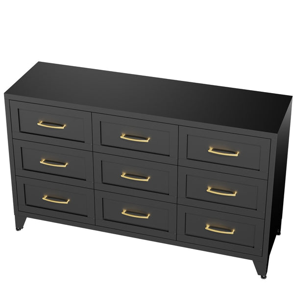 English Elm 9 Drawer Steel Dresser Low Profile Powder Coated Matte Black Bedroom Hallway Storage T2398P507508