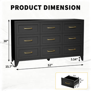 English Elm 9 Drawer Steel Dresser Low Profile Powder Coated Matte Black Bedroom Hallway Storage T2398P507508