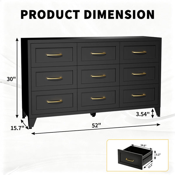 English Elm 9 Drawer Steel Dresser Low Profile Powder Coated Matte Black Bedroom Hallway Storage T2398P507508