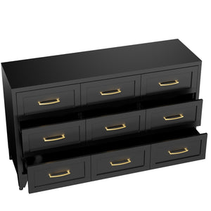 English Elm 9 Drawer Steel Dresser Low Profile Powder Coated Matte Black Bedroom Hallway Storage T2398P507508