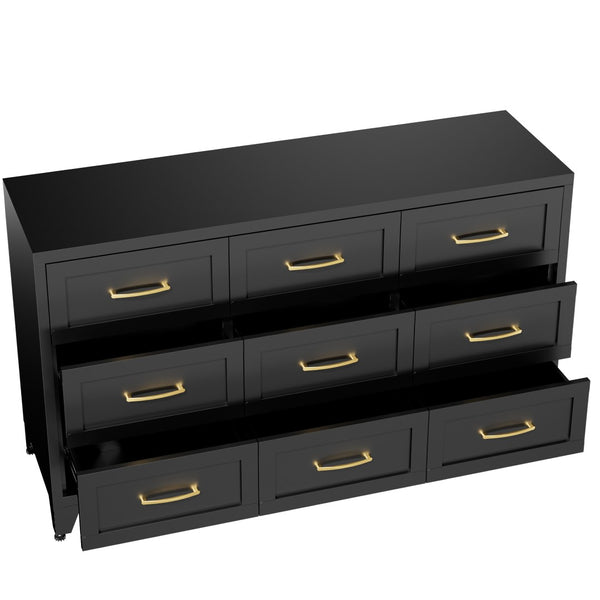 English Elm 9 Drawer Steel Dresser Low Profile Powder Coated Matte Black Bedroom Hallway Storage T2398P507508