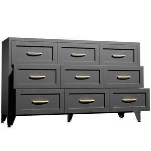 English Elm 9 Drawer Steel Dresser Low Profile Powder Coated Matte Black Bedroom Hallway Storage T2398P507508