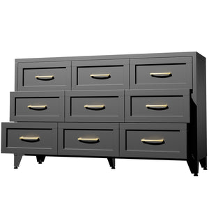 English Elm 9 Drawer Steel Dresser Low Profile Powder Coated Matte Black Bedroom Hallway Storage T2398P507508