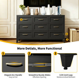 English Elm 9 Drawer Steel Dresser Low Profile Powder Coated Matte Black Bedroom Hallway Storage T2398P507508