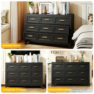 English Elm 9 Drawer Steel Dresser Low Profile Powder Coated Matte Black Bedroom Hallway Storage T2398P507508