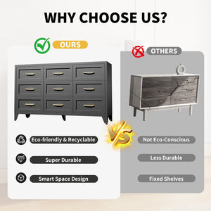 English Elm 9 Drawer Steel Dresser Low Profile Powder Coated Matte Black Bedroom Hallway Storage T2398P507508