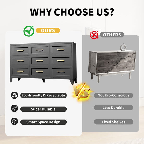 English Elm 9 Drawer Steel Dresser Low Profile Powder Coated Matte Black Bedroom Hallway Storage T2398P507508