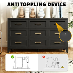 English Elm 9 Drawer Steel Dresser Low Profile Powder Coated Matte Black Bedroom Hallway Storage T2398P507508