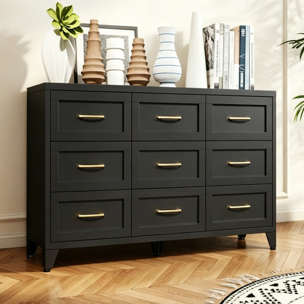 English Elm 9 Drawer Steel Dresser Low Profile Powder Coated Matte Black Bedroom Hallway Storage T2398P507508