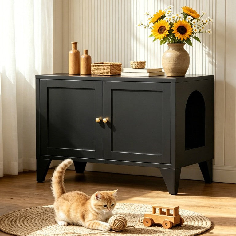 English Elm Metal Cat Litter Box Cabinet Powder Coated Contemporary Pet Enclosure Side Table T2398P507509