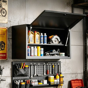 English Elm Heavy Duty Steel Wall Cabinet Hydraulic Lift Door Locking Garage Workshop Storage T2398P507510