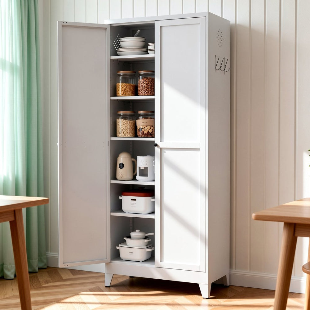 English Elm 75 Inch Freestanding Steel Pantry Cabinet with Fluted Doors and Five Adjustable Shelves T2398P507511