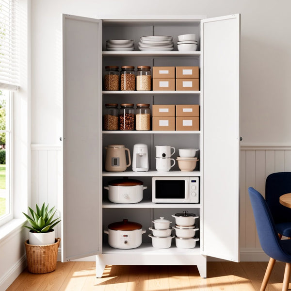 English Elm 75 Inch Freestanding Steel Pantry Cabinet with Fluted Doors and Five Adjustable Shelves T2398P507511