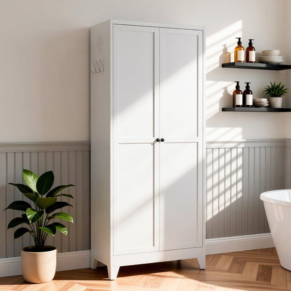 English Elm 75 Inch Freestanding Steel Pantry Cabinet with Fluted Doors and Five Adjustable Shelves T2398P507511