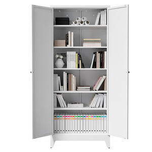 English Elm 75 Inch Freestanding Steel Pantry Cabinet with Fluted Doors and Five Adjustable Shelves T2398P507511